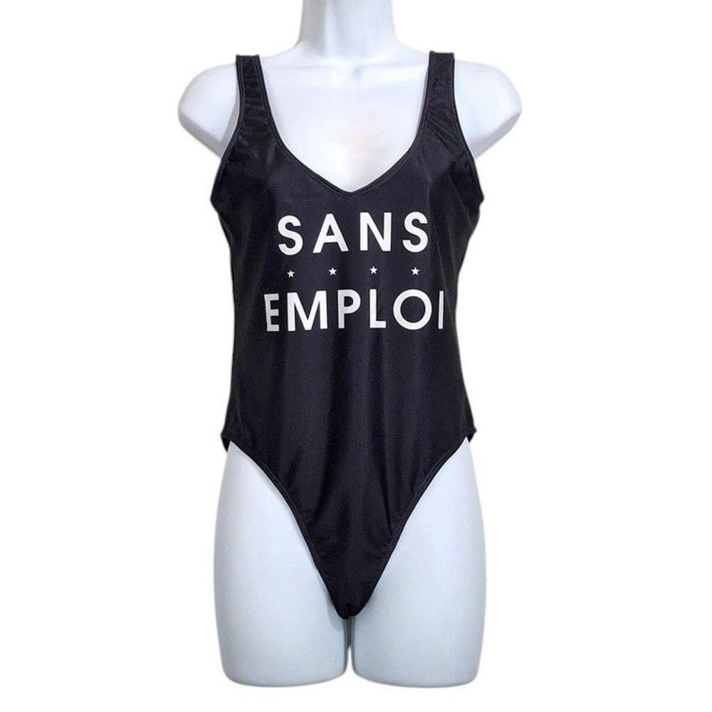 Wildfox Swimsuit Medium Black Sans Emploi Graphic Low Back High Cut Frenc